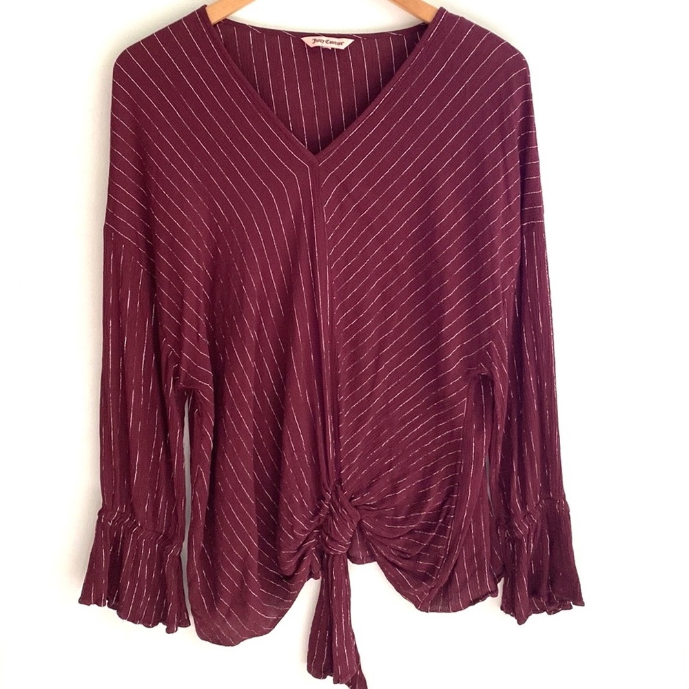 Juicy Couture burgundy long-sleeve front gathered tie with pinstripes, Size L